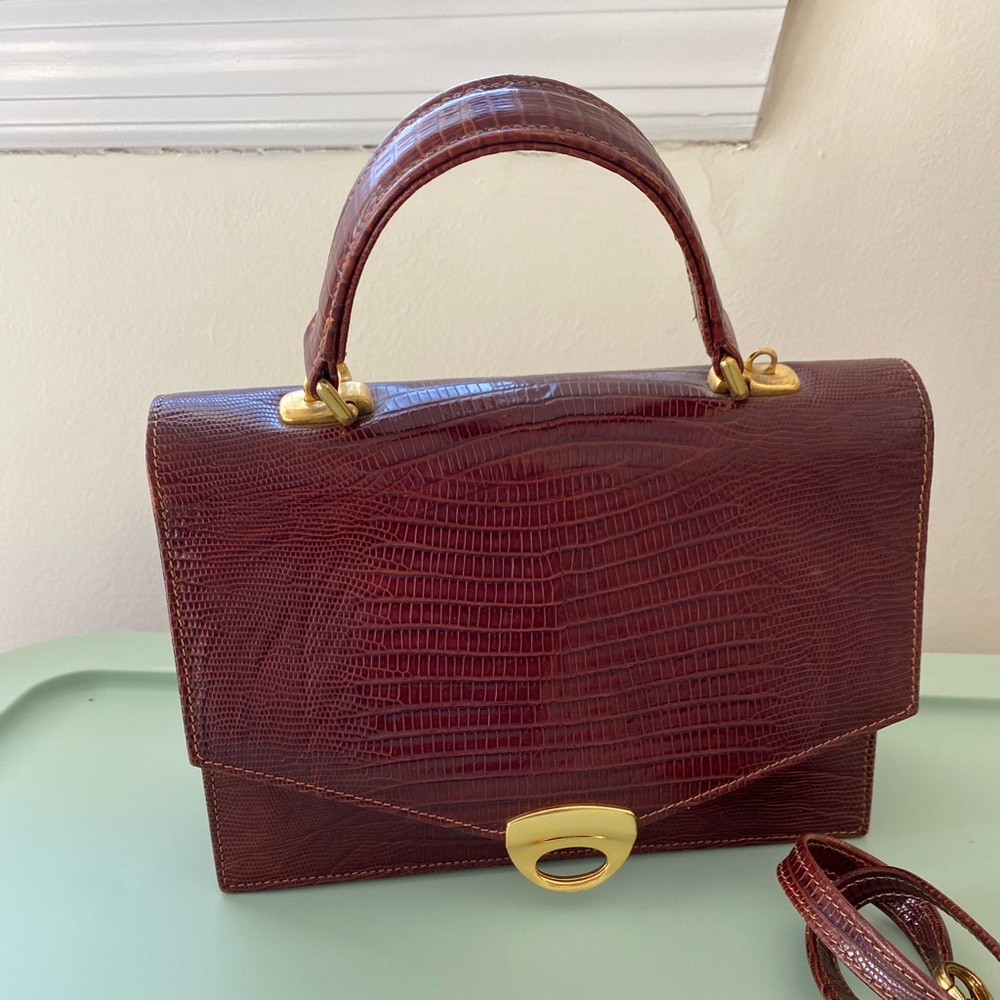 Gorgeous faux crocodile brown tote bag w brass clasps